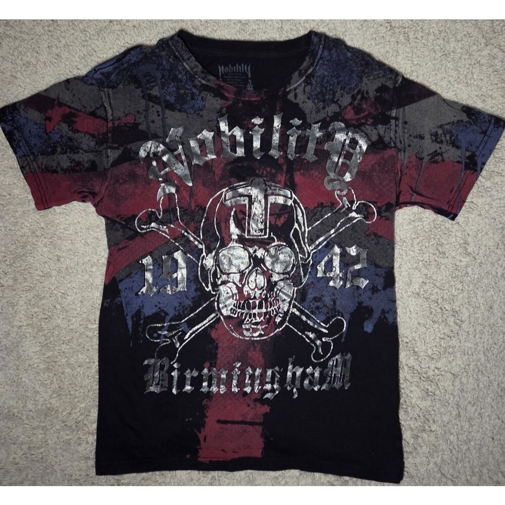 Nobility Y2K Graphic T-Shirt L Black Red Blue Skull Cross Distressed Gothic